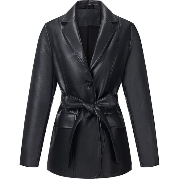 Jackets & Blazers - Women's Black Faux Leather Blazer Jacket Soft Casual Lapel Button Down Coat